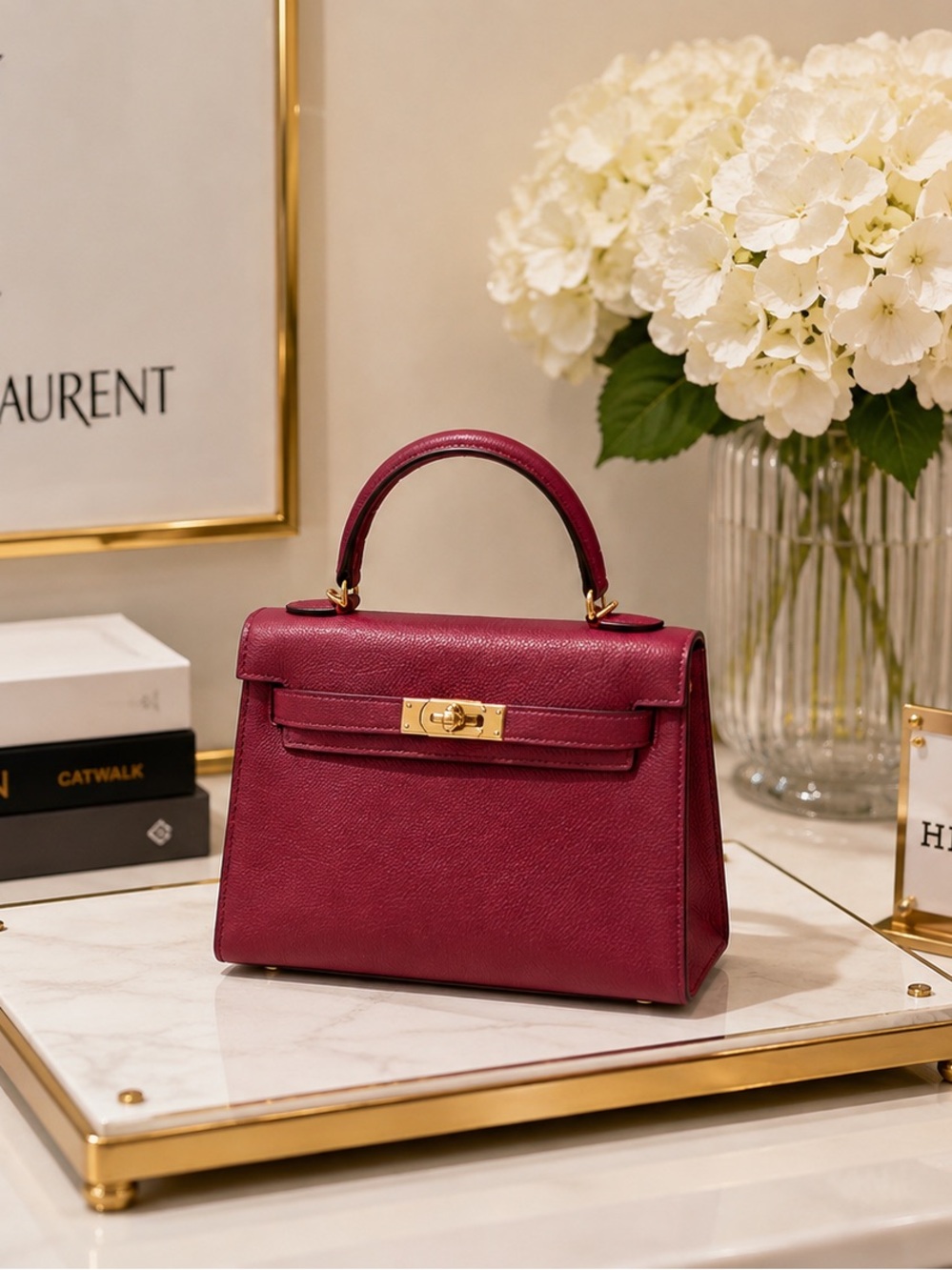 Structured Wine Red Top-Handle Leather Bag with Gold Hardware